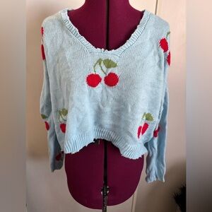 Excellent condition Light Blue Cherry Knit Sweater by Self Esteem, Size M